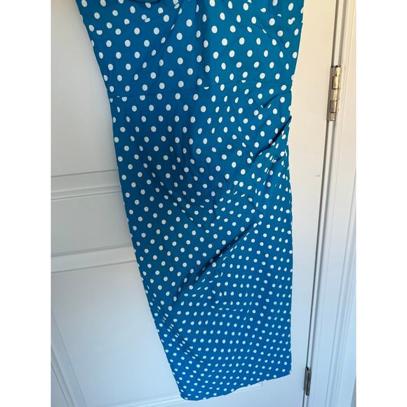 Stop Staring Ruched Sleeveless Retro Pinup Blue White Polka Dot Dress Large - Picture 5 of 5